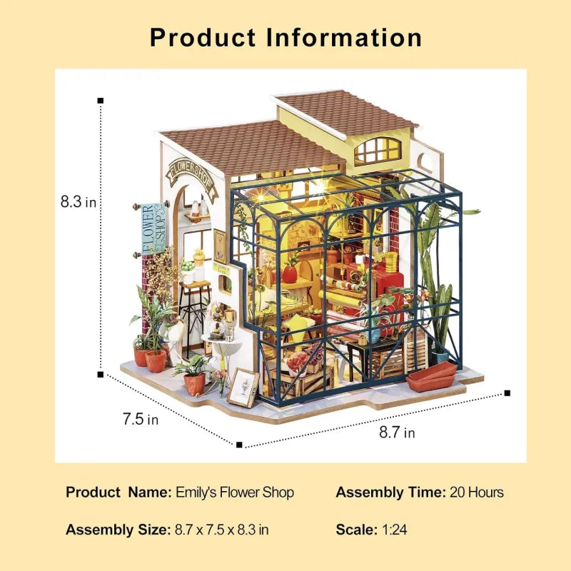 ROBOTIME Rolife DIY Miniature House Kit Emily's Flower Shop, Tiny House Kit For Adults To Build, Mini House Making Kit With Furniture, Halloween Christmas Decorations Gifts DG145