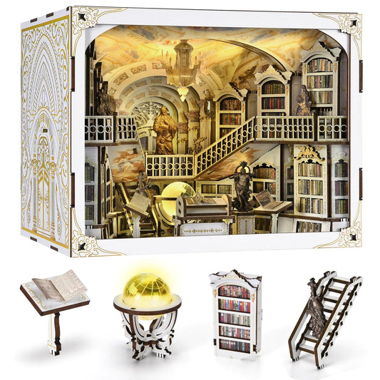 MiniCity DIY Book Nook Kit for Adults 3D Wooden Puzzle Bookend Bookshelf Insert Decor with LED Light and Dust Cover (Library of Gods Max)