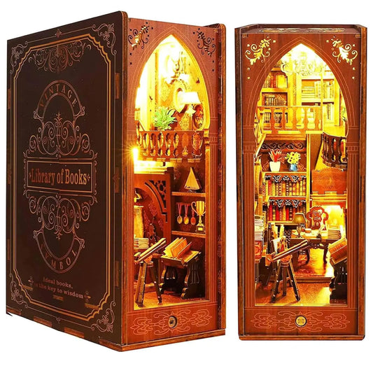 Funle Book Nook Kit for Adult DIY Miniature Dollhouse Booknook Kit with LED Lights 3D Wooden Puzzle Bookend for House Home Library Decor