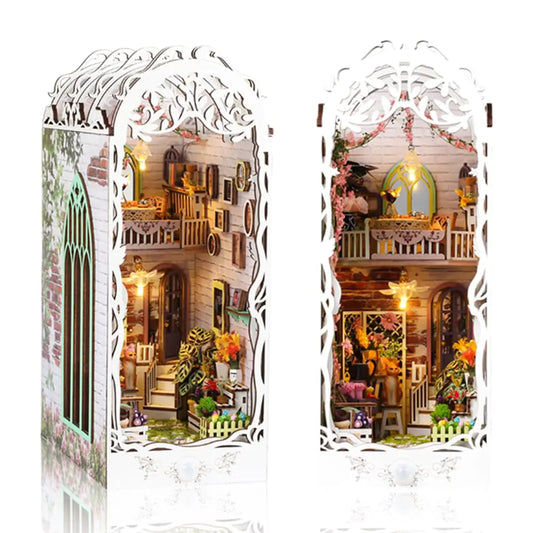 DIY Book Nook Kit Miniature Dollhouse Booknook Kit Creativity 3D Wooden Puzzle Bookend Bookshelf Decor with Light for Adults Flower Shop