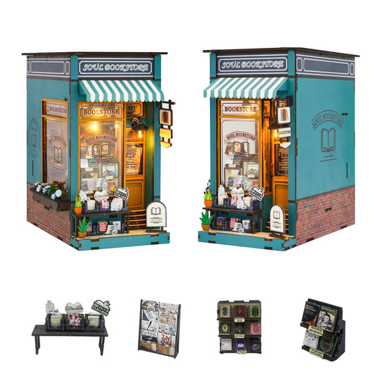 Flever Dollhouse DIY Book Nook Miniature Kit DIY Booknook Bookshelf Insert Decor 3D Wooden Puzzle Booknook Miniature Kit for Creative Assembled Bookends (Soul Bookstore)