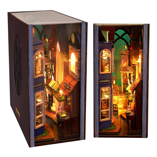 welltop Book Nook Kit DIY Miniature House Dollhouse Kit with Dust Cover for Adult and Teens 3D Wooden Puzzle Decorative Bookend Bookshelf Insert Decor Crafts Alley Model Build with LED Light