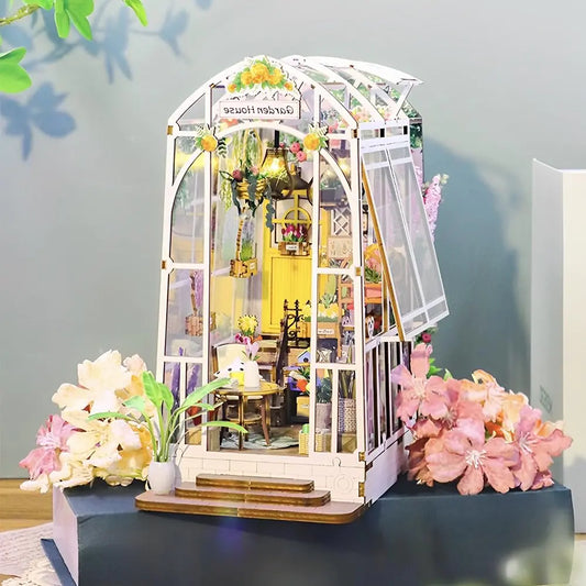 DIY Book Nook Kit 3D Wooden Puzzle Garden House Bookshelf Insert Decor with Light DIY Miniature Dollhouse Kit Garden House Decorative Bookshelf Insert Bookend Building Kits for Adults Girls Boys