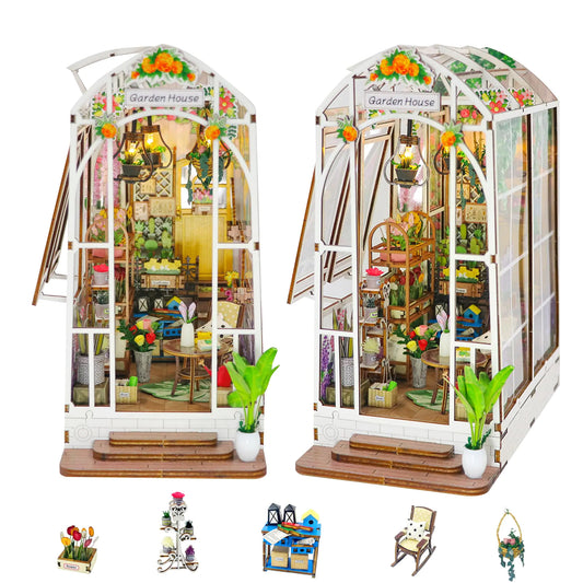 DIY Book Nook Miniature Kit DIY Booknook Bookshelf Insert Decor 3D Wooden Puzzle Booknook Miniature Kit for Creative Assembled Bookends (Romantic Garden House)